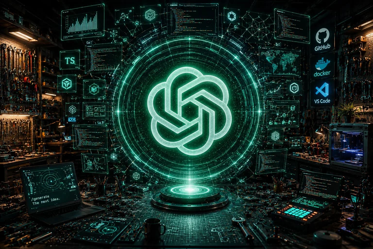 Зелёный светящийся логотип-узел OpenAI как голограмма над проектором на верстаке мастерской; вокруг концентрические кольца данных, гексагональные узлы и парящие экраны с кодом, графиками и картой мира, справа на стене логотипы GitHub, Docker и VS Code, слева стеллажи с инструментами, впереди ноутбук с надписью /generate The next idea, клавиатура и кружка