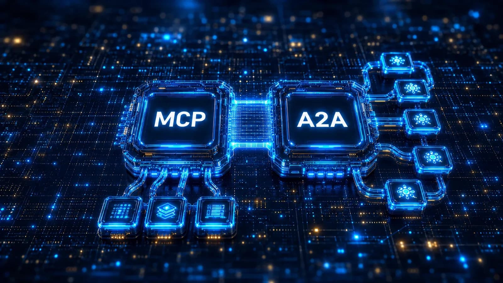 Чипы MCP и A2A, связанные на синей цифровой сети