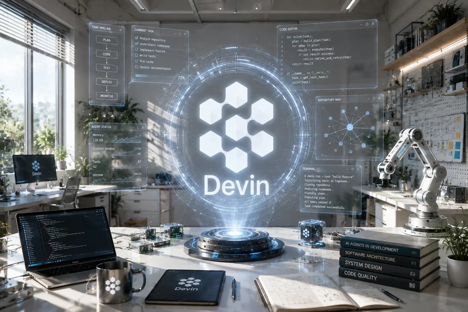 Голограмма с логотипом Devin над проектором в светлой мастерской; вокруг парящие панели Task Pipeline, Current Task, Code Editor, Repository Map, Agent Status и Terminal, слева ноутбук с кодом и кружка, справа роботизированная рука и стопка книг про AI-агентов, архитектуру, системный дизайн и качество кода